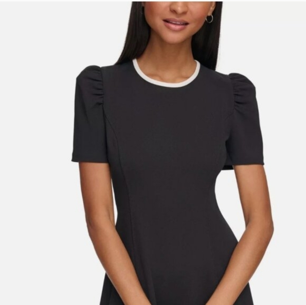 NWT Karl Lagerfeld Paris Womens Black Scuba Crepe Contrast-Trim A Line Dress - Picture 1 of 3